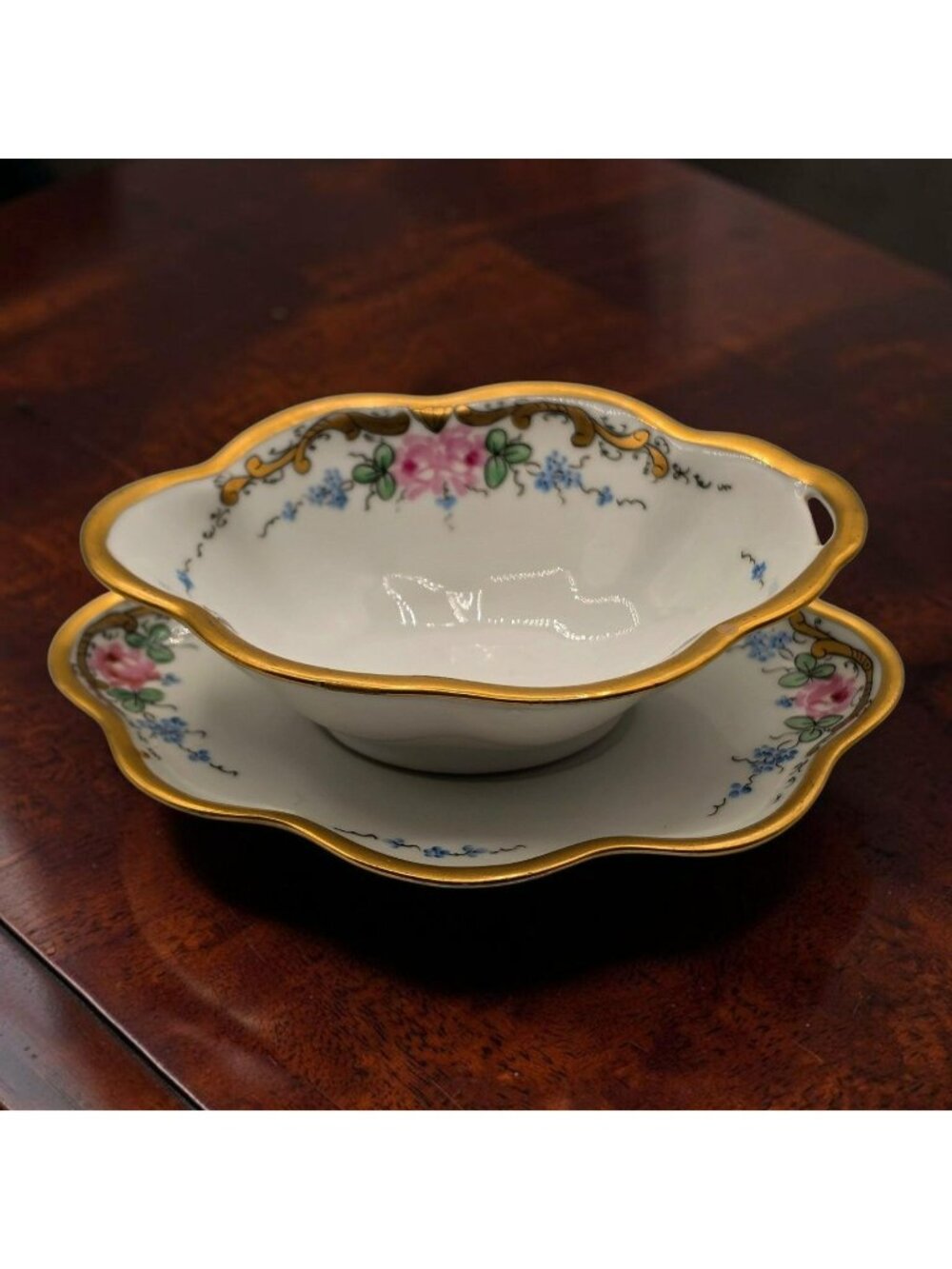 Vintage Bavaria Porcelain Condiment Bowl Unattached Underplate Floral Gold Trim